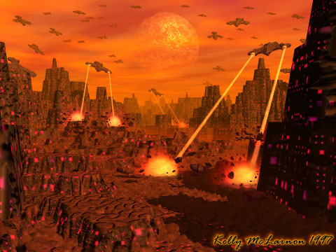 Fiery red-orange painting of a burning city under attack by flying saucers that fire yellow beams down onto exploding streets, with a huge glowing planet in the sky
