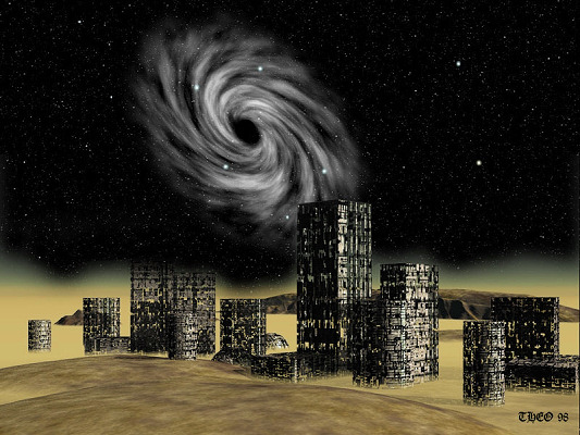 Grey spiral whirlpool of a black hole swirling in a starry sky above a dark city of ruined skyscrapers on a sandy plain