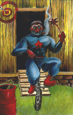 Painting of a grinning clown in a blue suit with a red star on his chest riding a unicycle out of the doorway of a straw hut, holding a smoking wand, with a target and a red barrel nearby