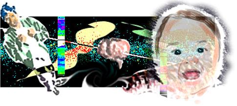 Colorful digital collage of swirling shapes and toy-like objects leading to a baby's laughing face on the right