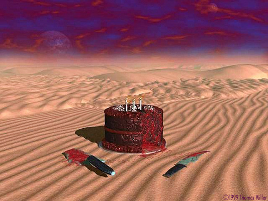Rendered desert of rippled pink sand dunes with a chocolate layer cake topped with candles, and two knives lying in the sand beside it