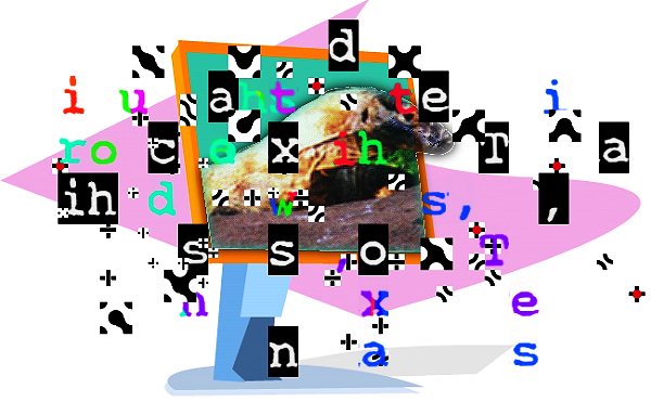Chaotic collage of scattered letter tiles and tiny dragons around a computer monitor tilted on a pink diamond shape