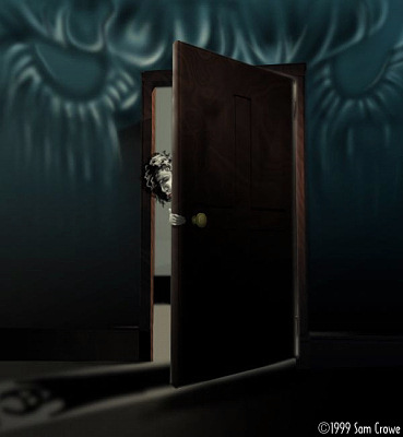 Dark teal hallway with a heavy door standing ajar and a small pale face peering out from behind it