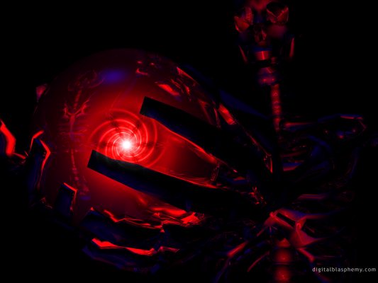 Glowing red orb clutched by dark, angular red mechanical claws against a black background