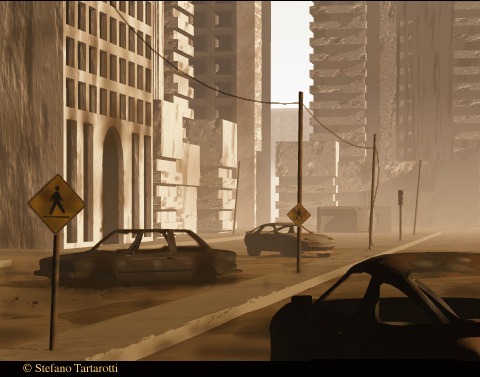 Sepia-toned rendering of a deserted city street with abandoned cars, a pedestrian-crossing sign and empty high-rise buildings under a dusty sky