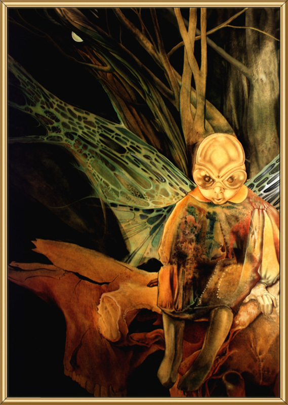 Painting in a gold frame of a pale, gaunt fairy-like figure with translucent insect wings crouching among dark tree branches