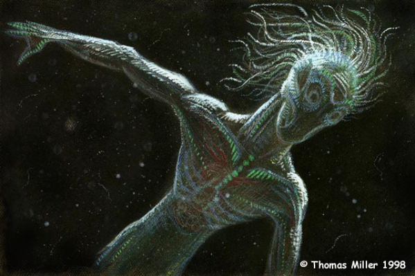 Glowing, translucent jellyfish-like humanoid with long flowing tendril hair, stretching out one arm against a dark background