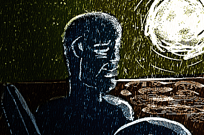 Scratchy white-line drawing of a square-jawed man seen from the shoulders up, in front of a rainy night sky with a bright full moon
