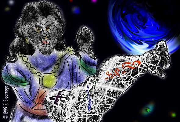Neon line-art illustration of a lion-maned alien warrior with a jeweled collar reaching out with a huge clawed hand toward a blue planet