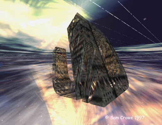 Dark, angular tower-like monolith floating among bright, streaking clouds