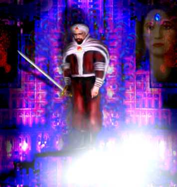 Digital painting of a magician in a white turban and red cloak holding a sword, standing in a burst of glowing purple-pink light, with a woman's face watching from the upper right