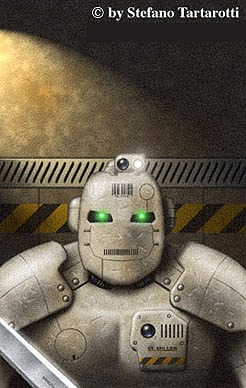 Painting of a white armored robot with glowing green eyes in front of a hazard-striped wall and a large planet
