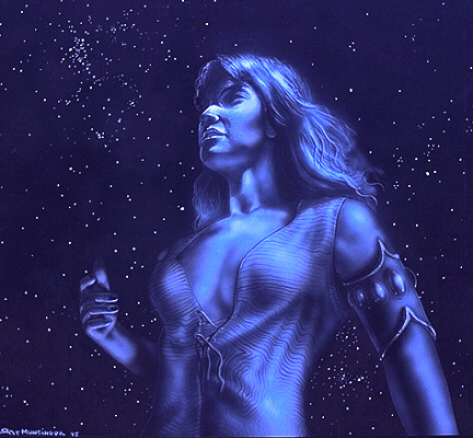 Blue-toned drawing of a muscular woman with long flowing hair gazing up into a starry sky