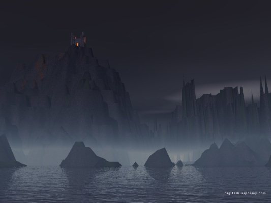 Misty, dark mountain lake with jagged rocky peaks and a tiny red-lit castle on the highest summit