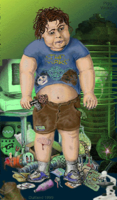 Painting of a chubby, curly-haired boy in a blue T-shirt and brown shorts standing in a messy room among toys, with a computer behind him
