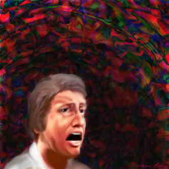 Grey-haired man screaming in terror in front of a swirling dark red vortex
