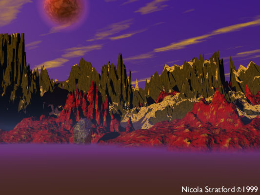 Rendered alien landscape of jagged red and gold rock spires above a purple plain, under a purple sky with a dark red sun