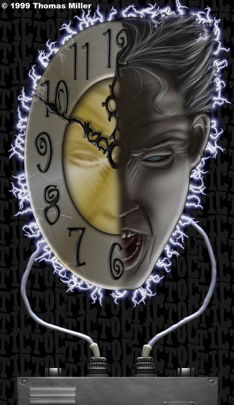 Digital art of a face split down the middle: one half a cracked clock face with numerals, the other half a grimacing man, ringed with crackling electricity and wired to a metal box below