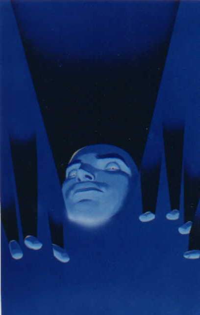 Deep-blue digital image of a pale face pressing up through a stretched sheet of fabric, with fingertips poking through along the bottom edge