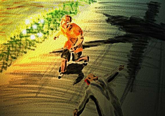 Streaky yellow-green painting of a man in orange running across a slope, with another figure falling below him and long dark shadows stretching across the ground
