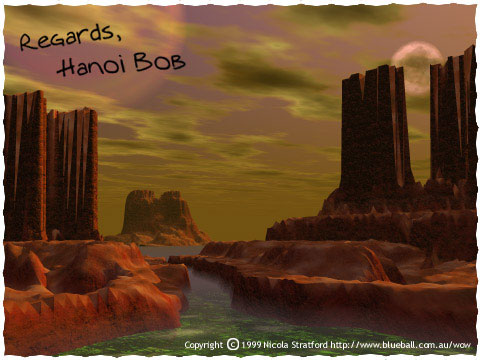 Rendered alien landscape of tall red rock towers beside a green river under a hazy golden sky with a pale planet, with the handwritten words "Regards, Hanoi Bob" in the corner