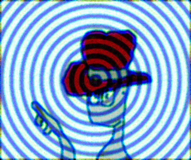 Cartoon of a man in a red-and-black striped cap pointing a finger, set against bright concentric blue and white rings