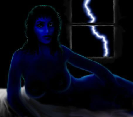 Blue-toned digital painting of a nude woman with long dark hair reclining on a bed beside a window, with a bolt of lightning in the night sky outside