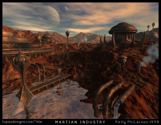 Rendered Martian landscape of a rust-red canyon with industrial pipes and domed structures along its edge, a pale moon in the sky, titled "Martian Industry"