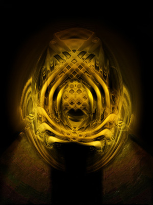 Glowing golden, symmetrical abstract shape like a mechanical mask or skull on a black background