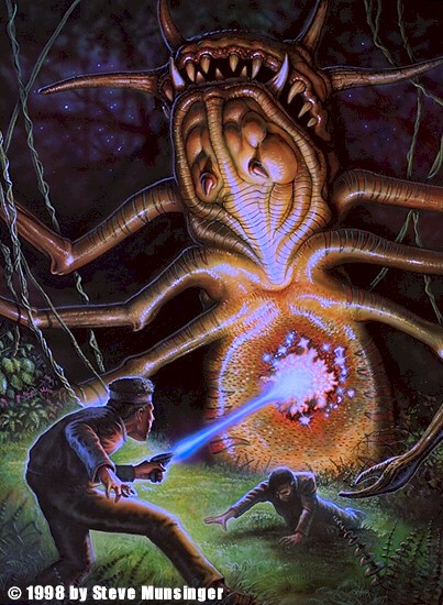 Painting of a huge spider-like alien with a ribbed, fanged head looming over a crouching soldier who fires a blue laser beam into a glowing burst at its center