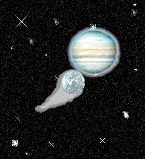 Starry black space scene with a banded, Jupiter-like planet and a smaller blue-and-white planet trailing a white comet-like tail