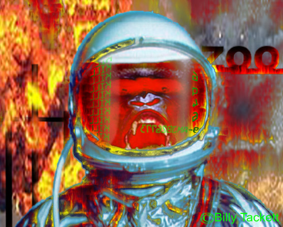 Garish, heavily filtered digital image of a monkey's snarling face inside an astronaut's space helmet, with flames behind and the word "ZOO"
