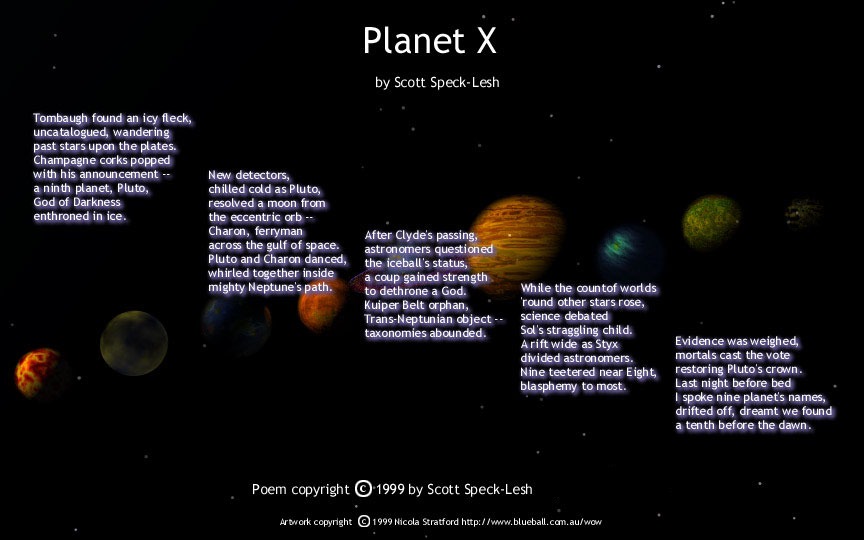 The poem "Planet X" by Scott Speck-Lesh set as white text in five stanzas over a black starfield with a row of rendered planets