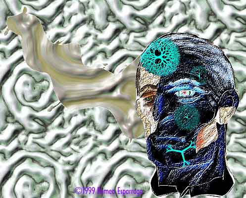 Digital collage of a man's head in blue line-work with a teal gear for an eye and circuitry on his face, against a silvery, swirling textured background