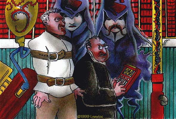 Cartoon painting of a pale, wild-haired man strapped into a white straitjacket between two hooded figures and a bespectacled man holding a red book, in an ornate red room