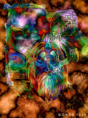 Psychedelic, multicolored digital image of a bearded face surrounded by swirling, mechanical shapes on a cloudy orange-brown background