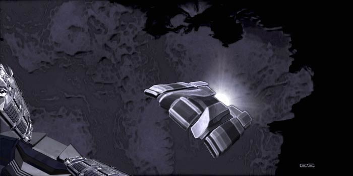 Rendered grey space scene of a striped, angular spaceship flying out of a bright light past a dark asteroid-like surface