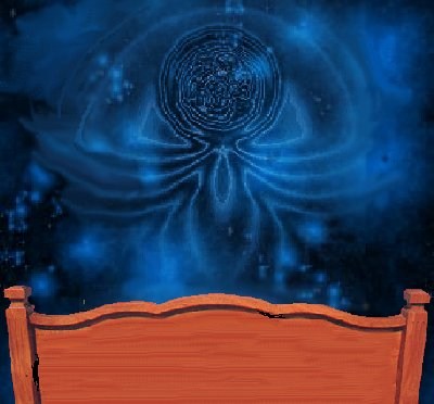 Deep-blue starry image of a glowing circular alien form with tentacle-like strands hovering above the orange wooden footboard of a bed