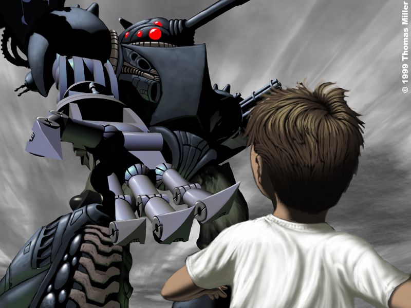 Rendered image of a boy in a white T-shirt, seen from behind, facing a huge grey armored war robot with red lights and heavy guns