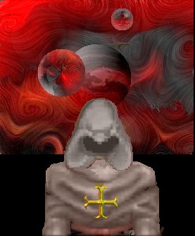 Digital art of a hooded grey figure with a gold cross on its chest, beneath glassy spheres on a swirling red background