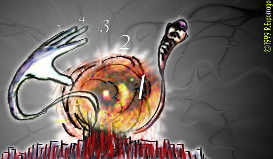 Swirling digital art of a spiral of clock numerals and a white tendril wrapped around a glowing orange orb, rising from red spikes