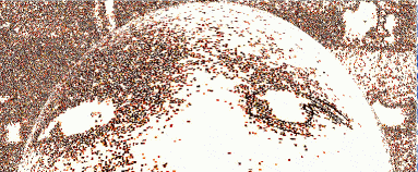 Grainy, sepia-speckled image of a large curved globe that seems to have a woman's eye and brow on its surface