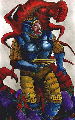 Colored drawing of a blue-skinned warrior in yellow armor sitting on purple rocks, with a huge red tentacled creature curled behind him