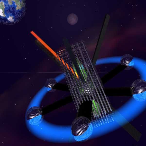 Rendered space scene of a tall lattice-like alien probe pierced by colored beams, ringed by a glowing blue torus with silver spheres, with Earth in the corner