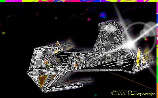 Rendered silver, angular starship streaking past a bright star against black space, with a colorful border