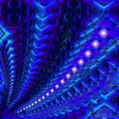 Digital fractal image of a deep blue tunnel of zigzag ridges with a diagonal trail of glowing white-violet points