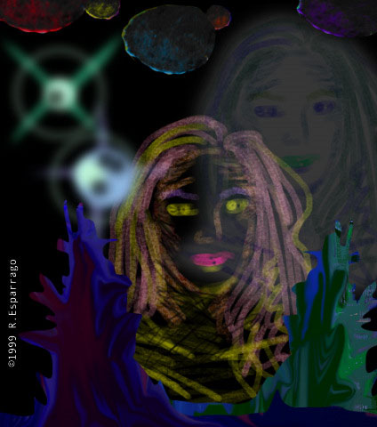 Neon-toned digital painting of a dark-faced woman with long pink-streaked hair and pink lips, with glowing lights and a faint second face in the dark background