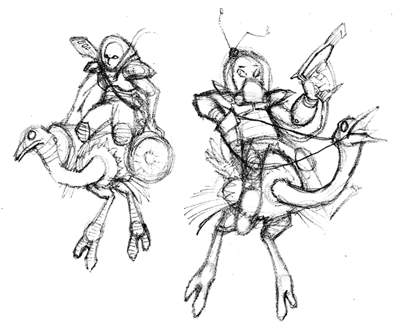 Two pencil sketches of a helmeted rider with a gun astride a running ostrich