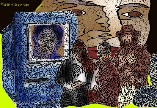 Rough-textured digital collage: a big blue computer monitor showing a face, beside a crowd of figures, one in a cowboy hat, under giant watching faces