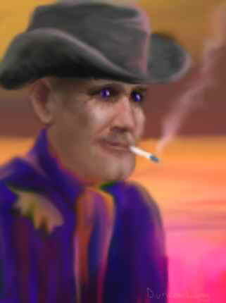 Digital painting of a weathered cowboy in a grey hat with a cigarette in his mouth, against a pink and orange sky